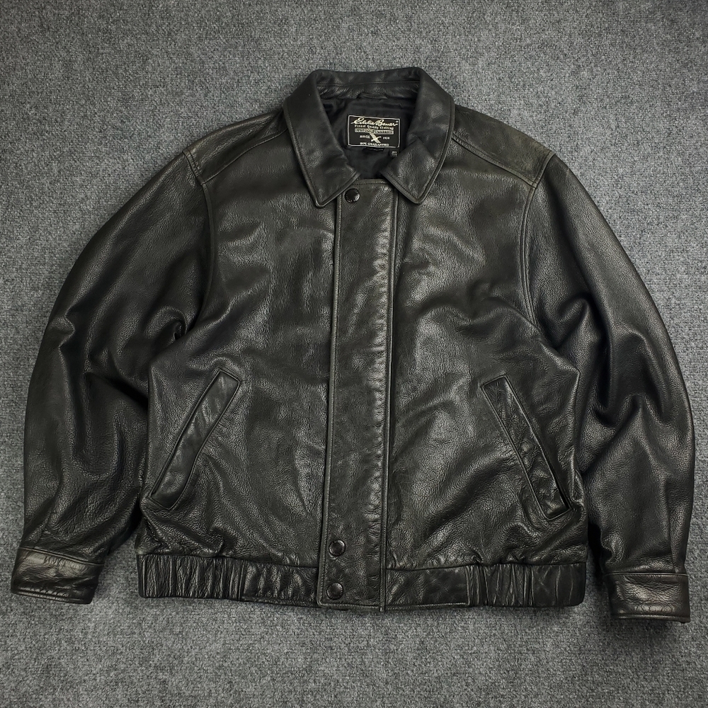 Eddie Bauer Pebbled Leather Bomber Jacket Mens Large Heavyweight Black Vintage